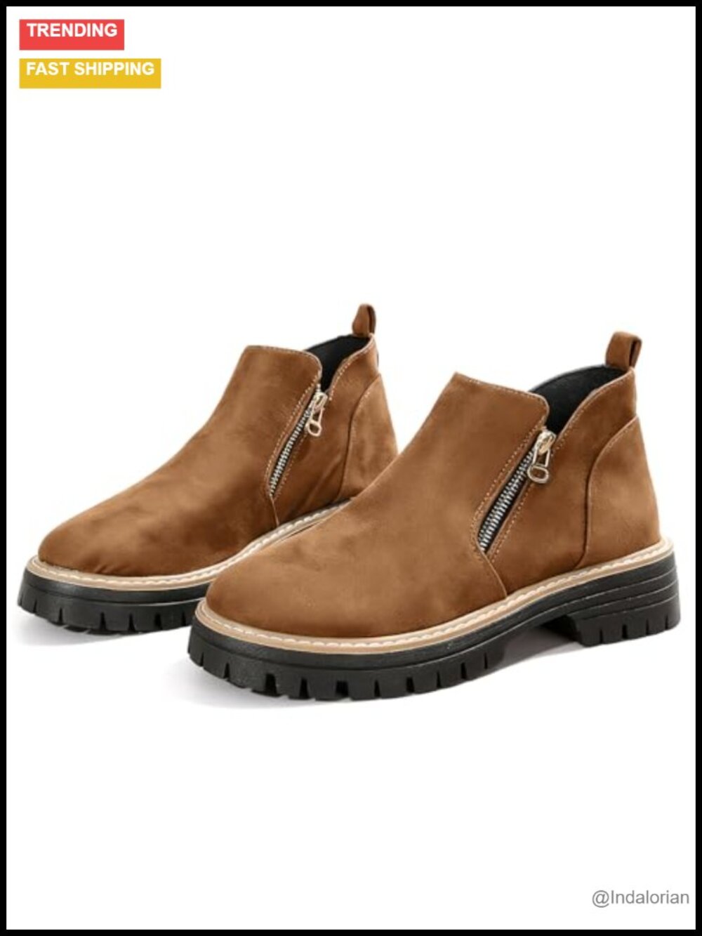 Chunky Heel Ankle Boots Suede Lug-Sole Side Zipper